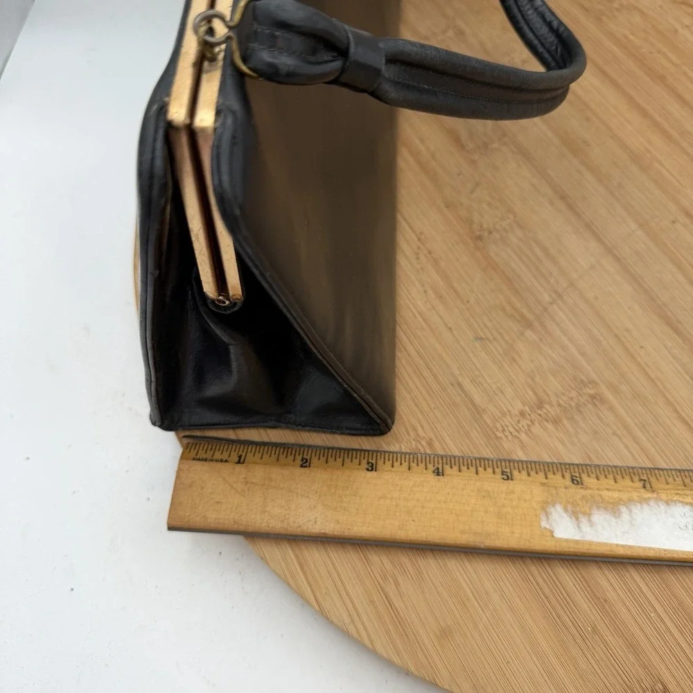 Vintage 1950s Lesco‎ Genuine Leather Handbag Black with Brass/Gold trim
